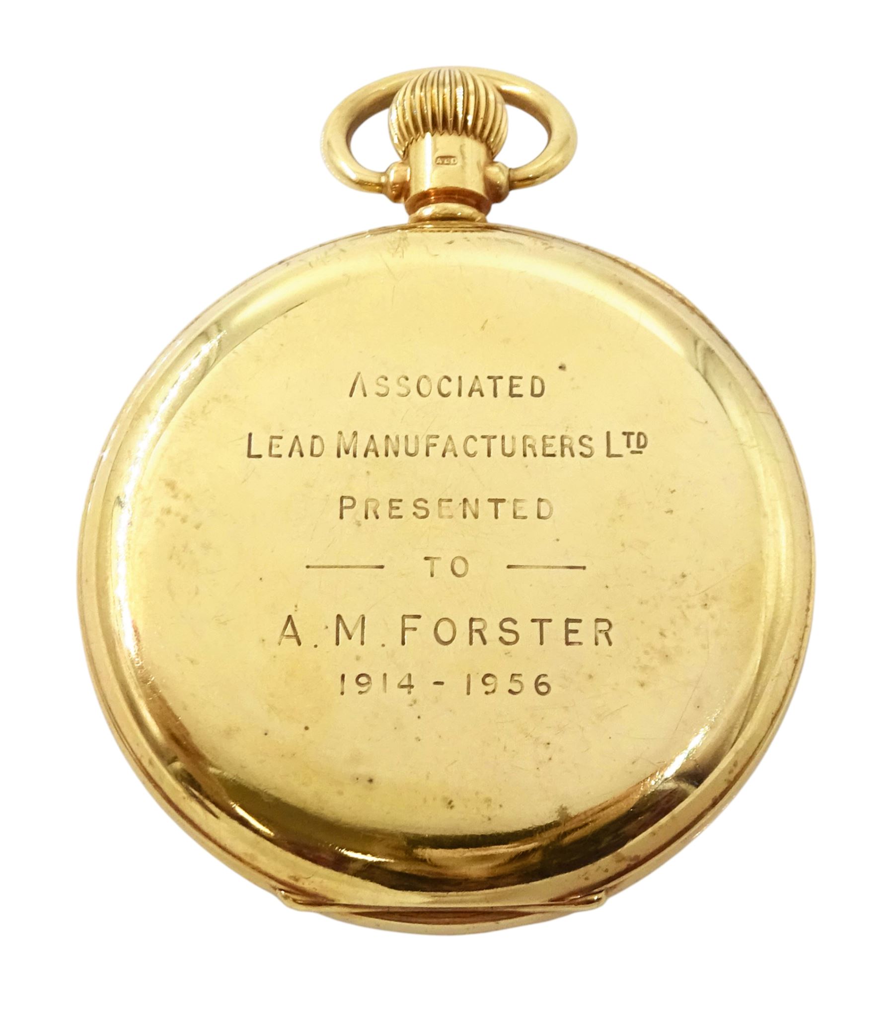 9ct gold open face keyless lever presentation pocket watch by J W Benson, London, white enamel dial with Roman numeral hour markers and subsidiary seconds dial, case by Dennison, Birmingham 1956, in early 20th century silver mounted tooled leather case by S Blanckensee & Son Ltd, Birmingham 1907