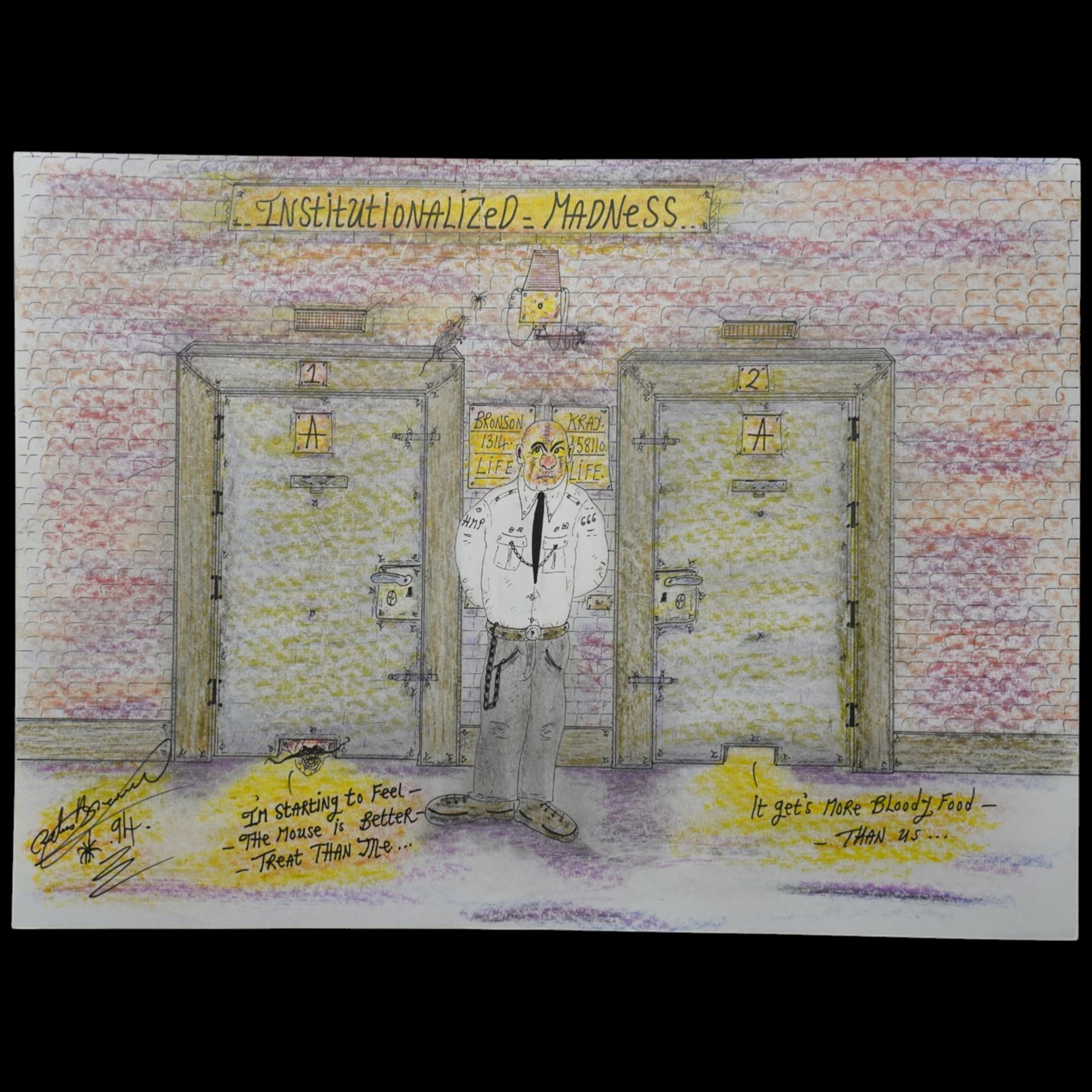 Charles Bronson (Charles Arthur Salvador) (British 1952-): A comprehensive collection of five hundred mixed media works executed between 2000 and 2025. Produced during the artist’s long-term incarceration, the works are primarily in ink, coloured pencil and mixed media on paper. The collection includes multiple formats: A5 (15 works), A4 (308 works), A3 (164 works) and A2 (13 works). Some are signed and dated; a number are executed on the reverse of official prison documents and other repurposed materials, reflecting the limited availability of art materials within the prison environment. This collection represents the largest body of the artist’s work to be offered as a single lot and has not previously been available on the market. (500) (unframed)

Notes: Dated examples span the period from 2000 to 2025, with the greatest concentration produced between 2012 and 2019 and including a group of recent large-scale works from the final years of the period; approximately twenty percent are undated.