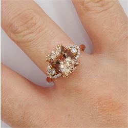 18ct rose gold radiant cut morganite and round brilliant cut diamond cluster ring, stamped 750, morganite approx 3.05 carat