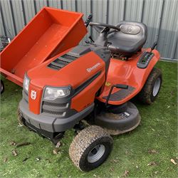Husqvarna TS138 petrol garden tractor with Husqvarna T275 trailer with metal fuel canister and sack barrow - THIS LOT IS TO BE COLLECTED BY APPOINTMENT FROM DUGGLEBY STORAGE, GREAT HILL, EASTFIELD, SCARBOROUGH, YO11 3TX
