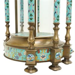20th century Chinese cloisonne style portico display stand with urn mounted domed top and glass side panels H65cm