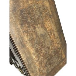 Georgian walnut kneehole desk, moulded rectangular top with book-matched veneers within crossbanding, fitted with slide over one long drawer, frieze drawer, six small drawers and recessed cupboard, raised on bracket feet