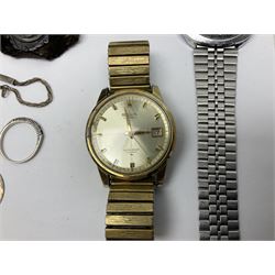 Four wristwatches including Seiko automatic, Sekonda, Timex and Ingersoll, silver Acme Lever pocket watch by H Samuel, 9ct gold keepers ring, silver and 9ct gold paste stone set cluster ring, silver and stone set silver jewellery and other vintage jewellery