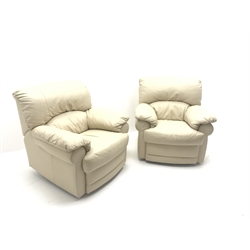 Three seat sofa upholstered in cream leather (W205cm) and pair matching armchairs (W94cm)  