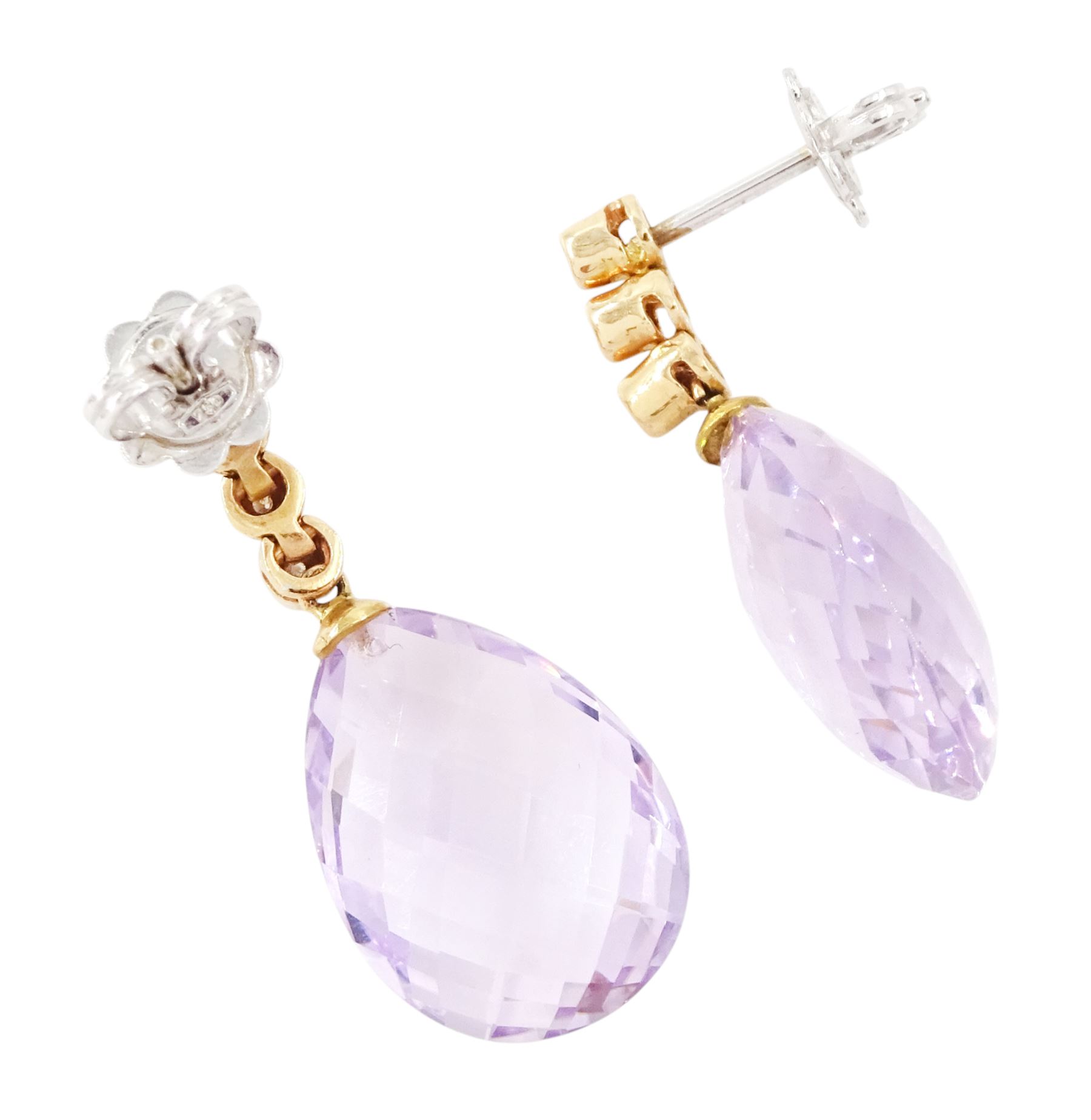 Pair of 18ct rose gold morganite and diamond earrings, each white gold stud set with a single pear briolette cut morganite, suspending from three round brilliant cut diamonds