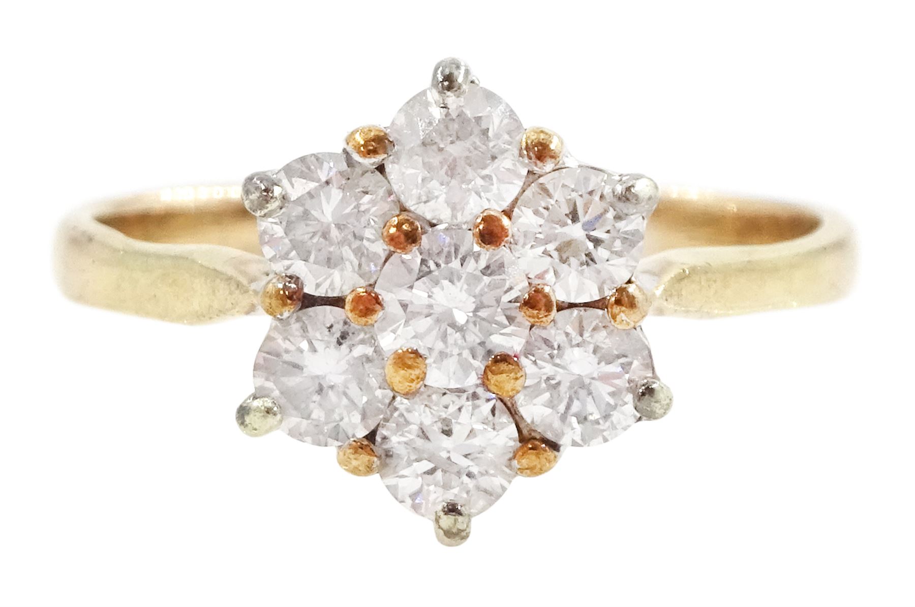 9ct rose gold seven stone round brilliant cut diamond, flower head cluster ring, total diamond weight approx 1.05 carat