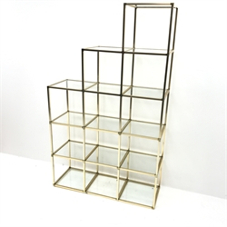 Mid Century staggered metal framed display stand with glass shelving, W92cm, H152cm, D32cm