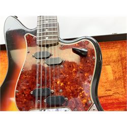 Fender three-tone Sunburst 12-string electric guitar c1965/6 Fullerton USA, with alder body and maple neck, the Indian rosewood fretboard with twenty-one frets and pearloid dot markers, fender electric XII bridge, F-stamp tuners (non-original), two split single coil pick-ups, master volume and tone and four-way switch, serial no.129730, L108cm; in original Fender case bearing label for Rivington Guitars New York with copy of original invoice; together with GuitarKes set-up and service certificate dated October 2021
