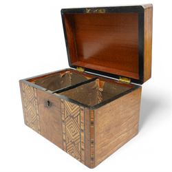 Victorian walnut and parquetry banded work box, W20cm, together with a miniature amboyna chest of drawers, W18cm