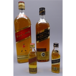  Johnnie Walker Red Label Old Scotch Whisky, 1ltr, and Black Label 70cl, with miniatures, all 40%vol, 4btls   