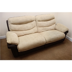  DFS grande sofa, upholstered in natural and suede fabric (W230cm)  and a matching electric reclining chair (W114cm) and footstool (3) (This item is PAT tested - 5 day warranty from date of sale)  