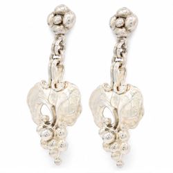 Pair of George Jensen Heritage Collection 'Year' silver earrings, each stud suspending a bunch of grapes with vine leaves, hallmarked and dated 1996, boxed