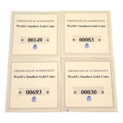Four gold 'World's Smallest Coins', including three 24ct gold coins and one 14ct gold coin, all with certificates