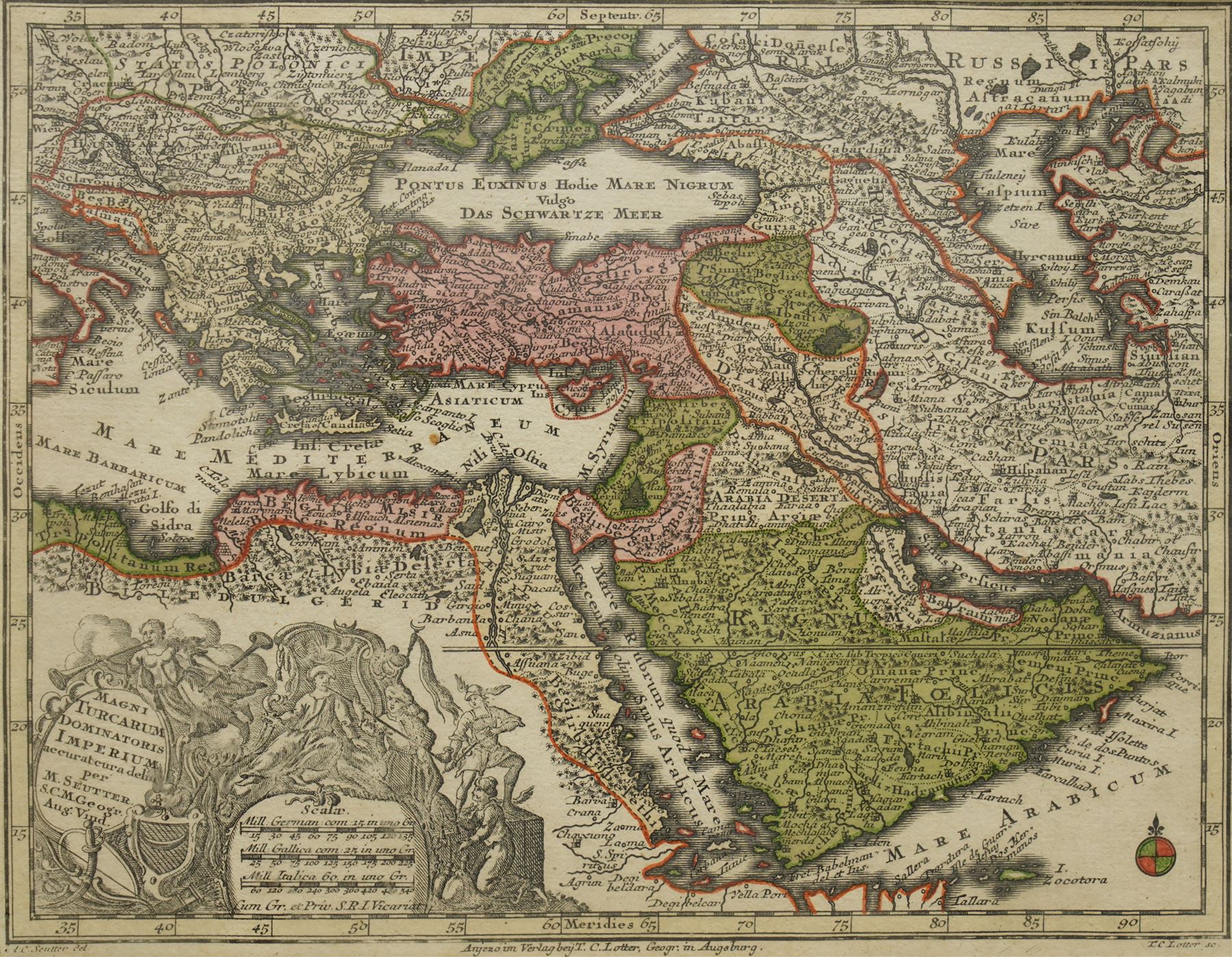 Georg Matthäus Seutter (German 1678-1757): 'Magni Turcarum Dominatoris Imperium', 18th century engraved map with hand-colouring of the Ottoman Empire extending over Turkey, Persia, Arabia, Egypt, and Greece pub. c.1730, 20cm x 26cm
