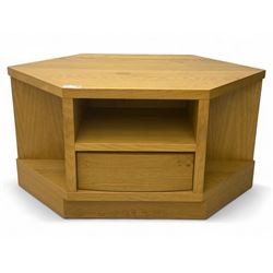 Contemporary light oak corner television stand, hexagonal top with central open section an...