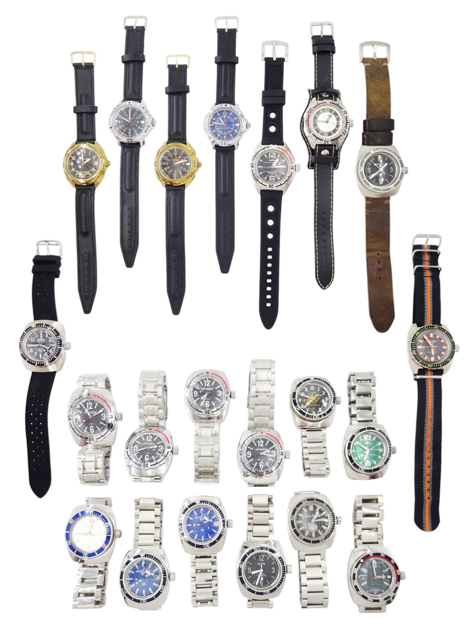 Boctok twenty-one stainless steel wristwatches including Ampibia, Komandirskie and divers, automatic and manual wind movements