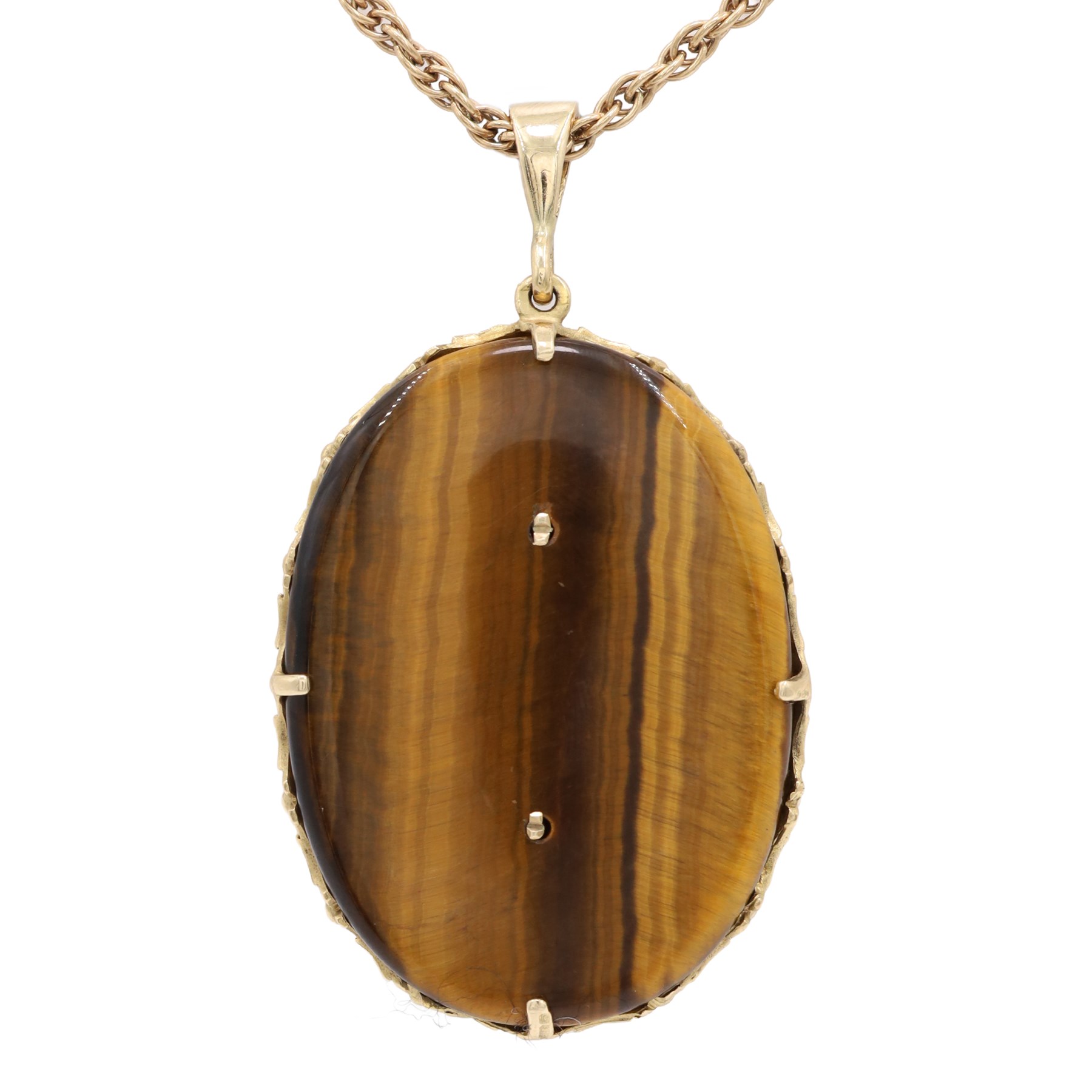 9ct gold tiger's eye diamond and sapphire portrait pendant necklace, oval cut tiger's eye, with applied bust of a lady in profile, her hair set with diamonds and necklace set with a sapphire, within a scalloped design frame, on a fancy twist chain necklace, both hallmarked
