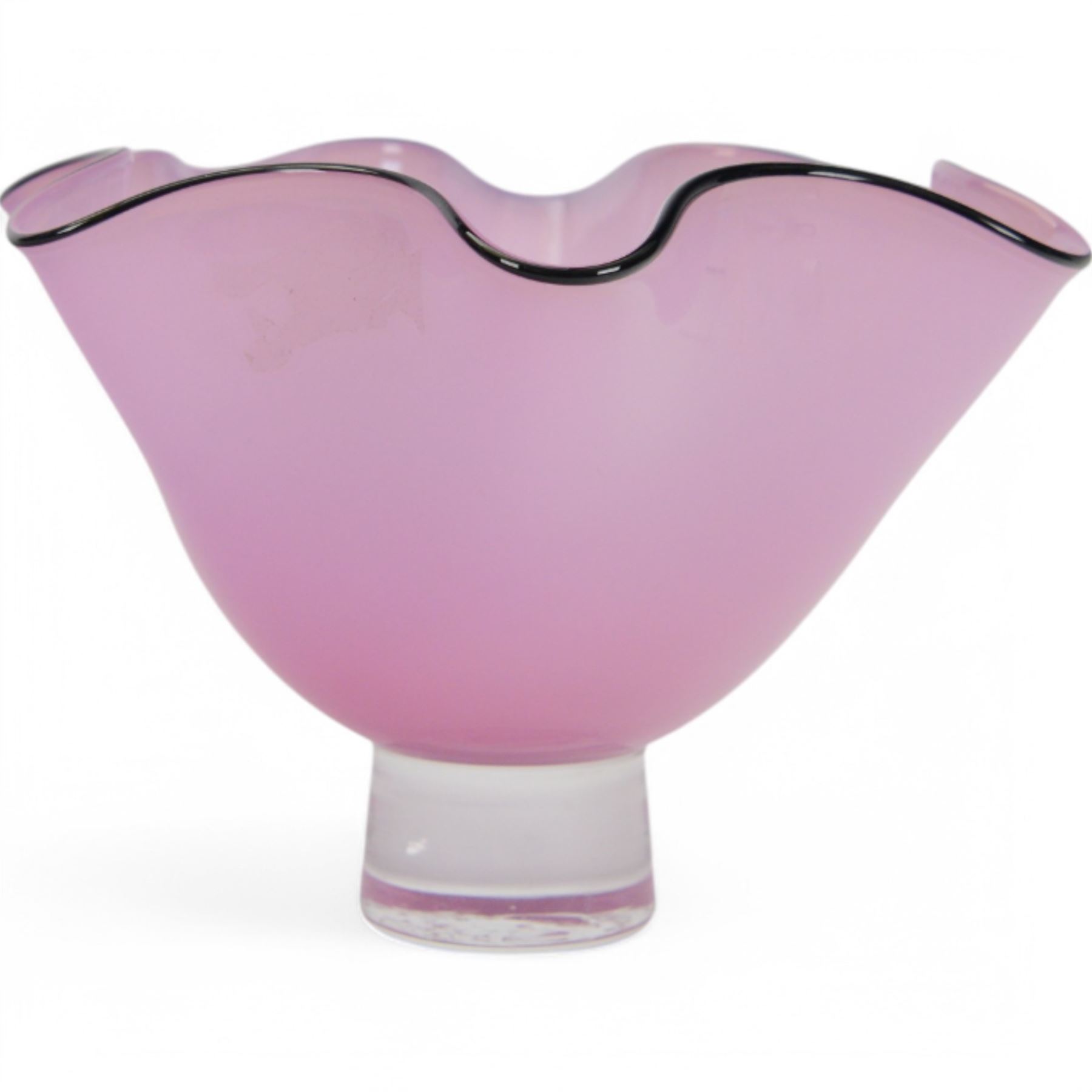 Gillies Jones of Rosedale pink glass vase with crimped black rim on a short pedestal foot, signature to base D15cm H10cm