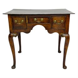 18th century oak low-boy, rectangular top over three crossbanded and cock-beaded drawers, ogee and stepped arch apron, on cabriole supports 