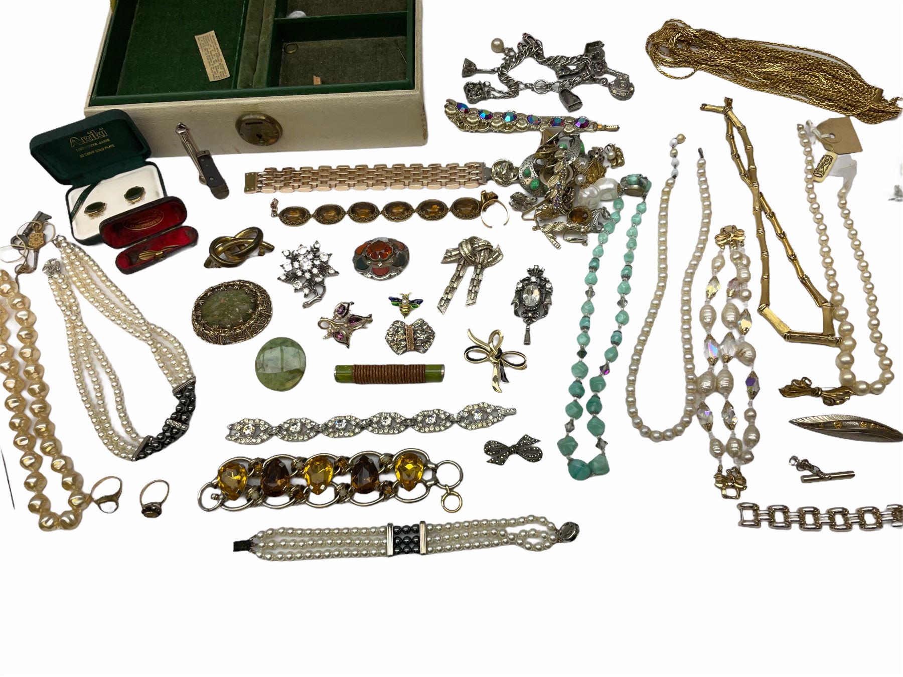 Silver cigar piercer by Dunhill, Birmingham 1958, gold garnet ring, stamped 9ct, Victorian rose gold shank hallmarked with soldered gilt cameo head and a collection of vintage and later costume jewellery