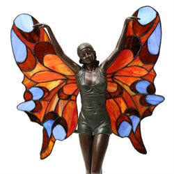 Tiffany style table lamp in the form of an art deco style bronzed female figure with butterfly wings H52cm