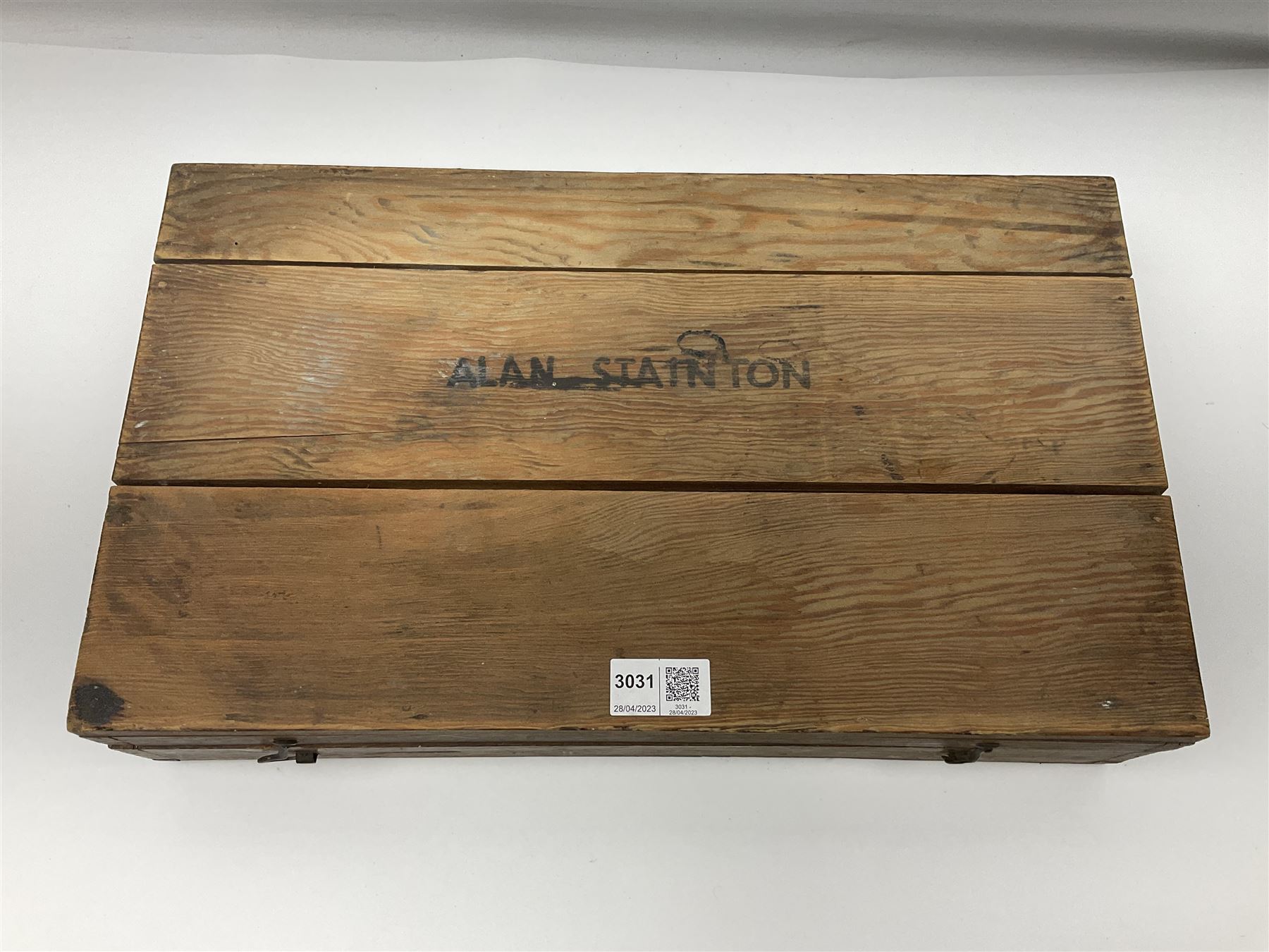 Meccano - quantity of playworn sections in red and green, in scratch-built pitch pine box with 3, 3A and 4A instruction booklets, box L43cm