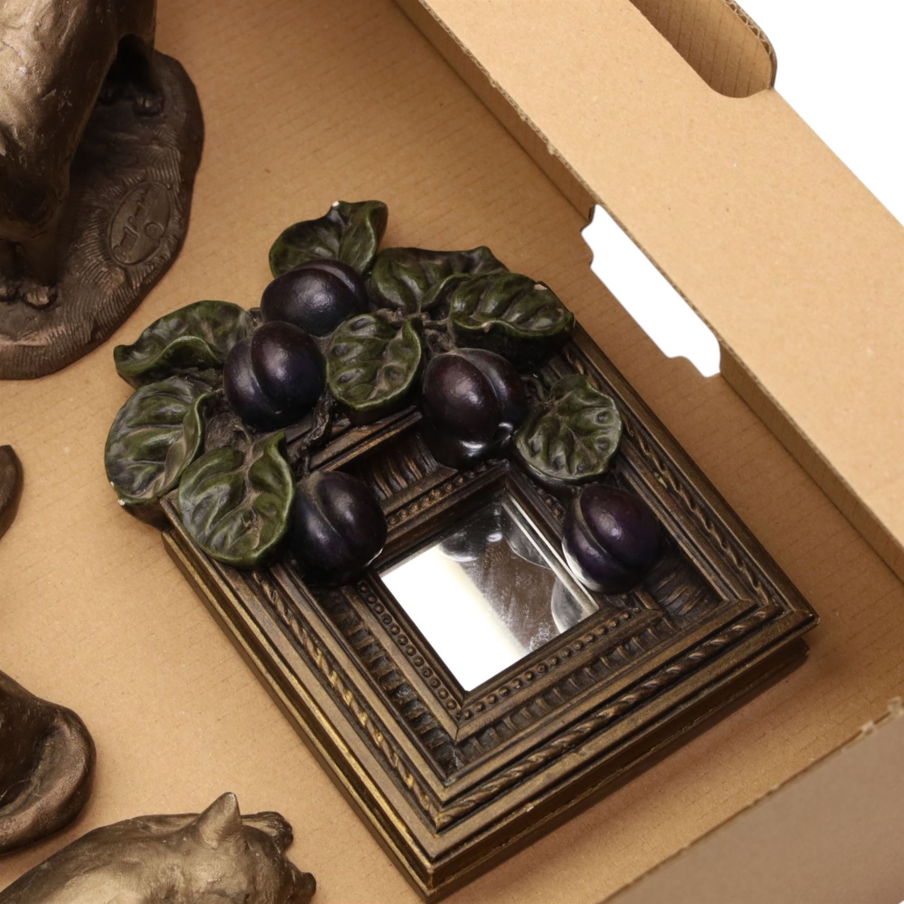 Collection of seven David Frith and other resin sculptures of cats and a small mirror