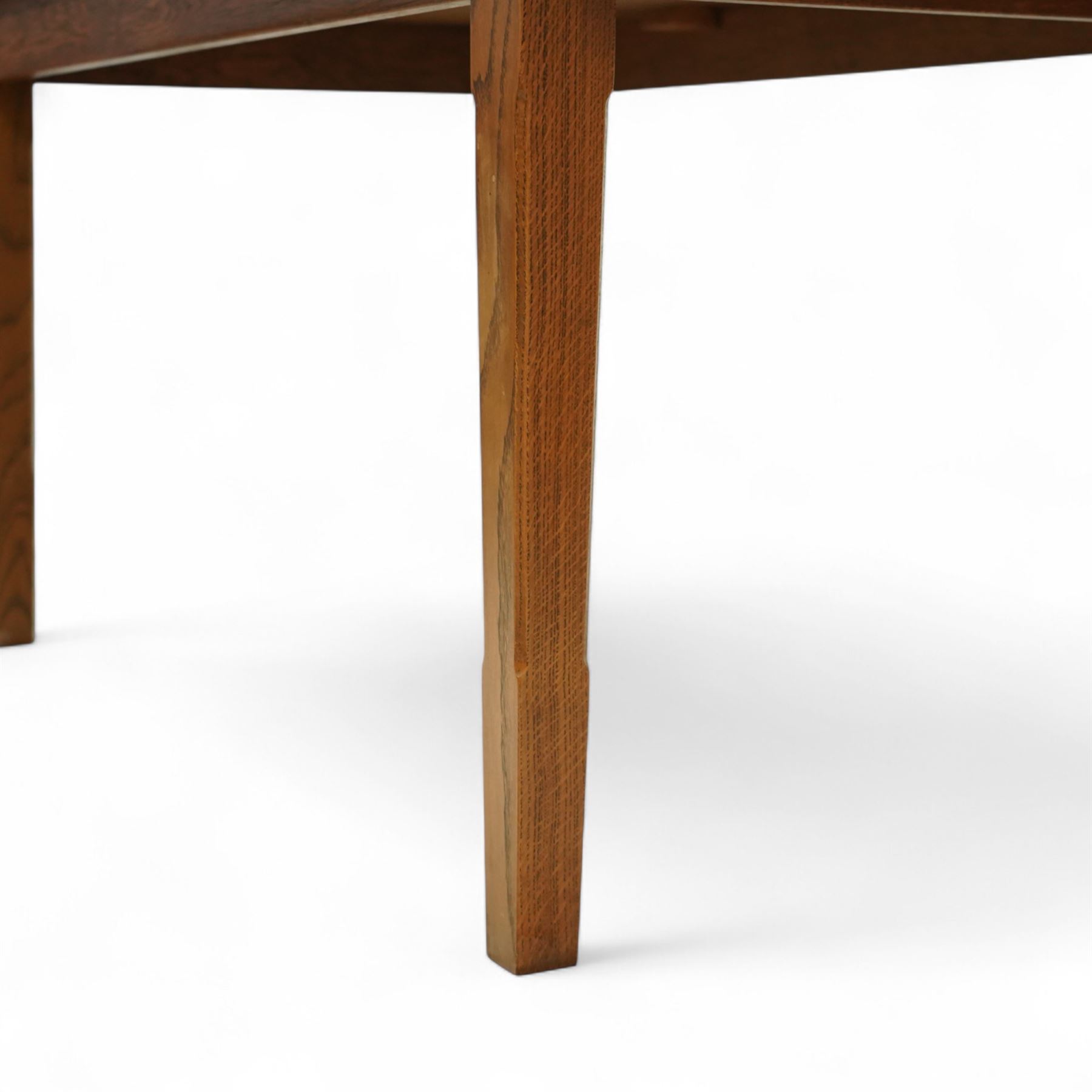 Contemporary solid oak refectory dining table, rectangular quarter-sawn top displaying pronounced medullary rays, on square chamfered legs united by stretchers