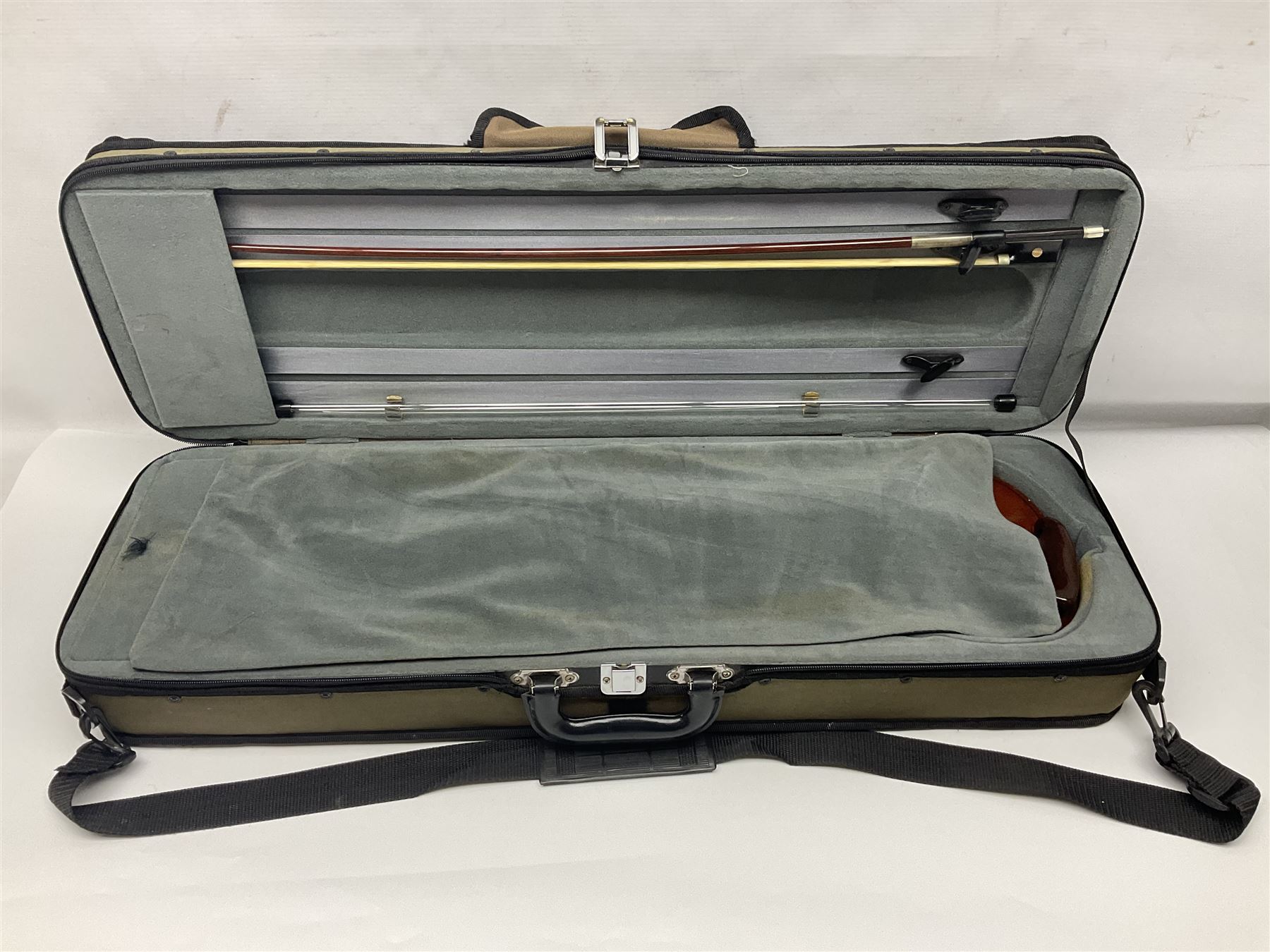 Early 20th century French Mirecourt violin with 35.5cm two-piece maple back and ribs and spruce top; bears label 'The Garrodus Violin H & Co No.1587 Anno 1912' L59cm overall; in modern fitted case with bow