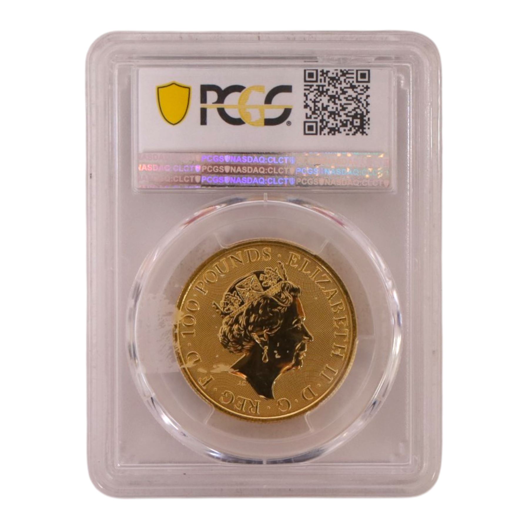 Queen Elizabeth II 2019 'Yale of Beaufort' one ounce fine gold one hundred pound coin, encapsulated by PCGS