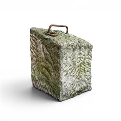 19th century carved tethering stone, square sloping form with iron work loop