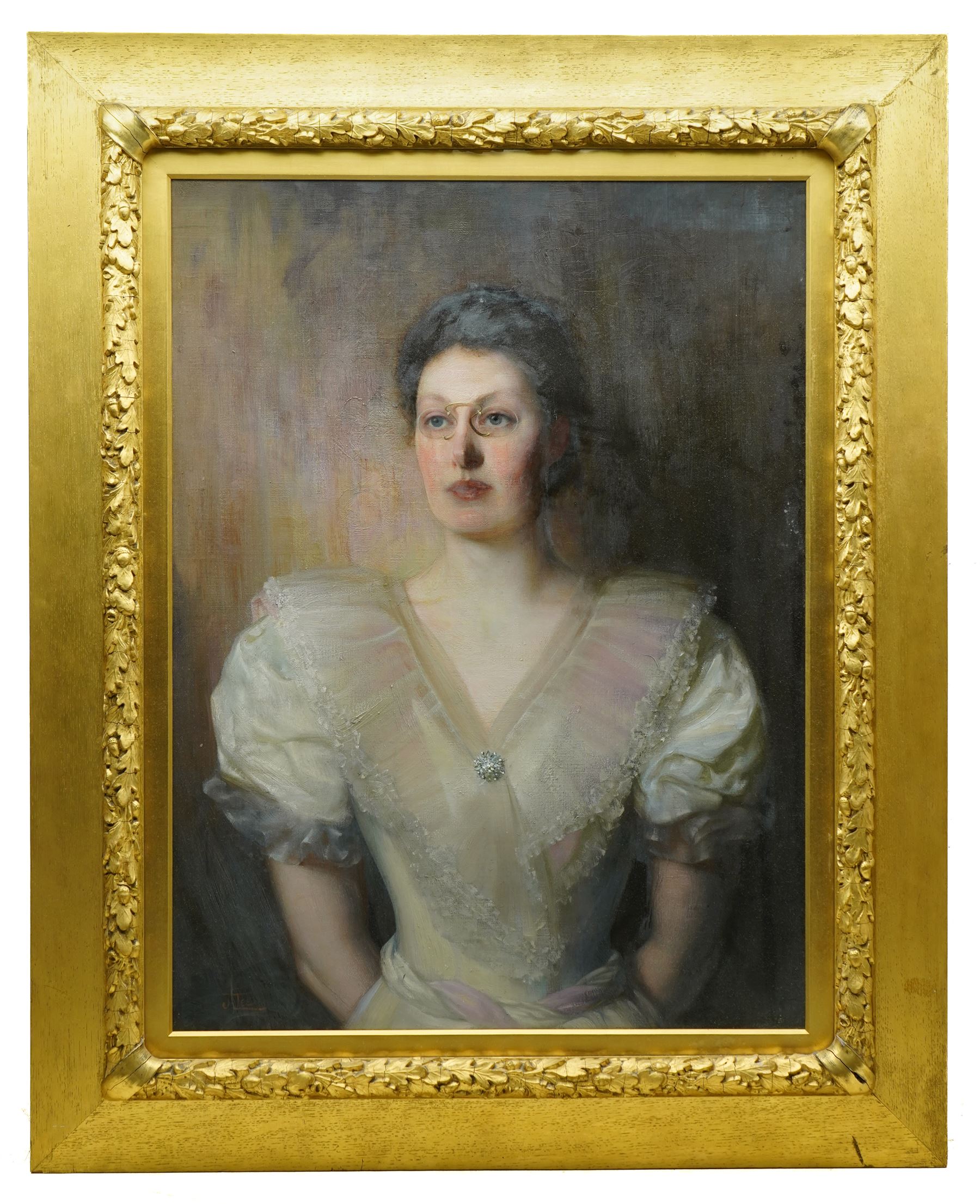J Jee (British Late 19th century): Half-Length Portrait of a Victorian Woman Wearing Pince-nez in a Lace Gown, oil on canvas signed 75cm x 56cm