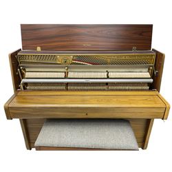 Welmar - English walnut cased upright piano, overstrung frame with a Langer underdamper action; serial No 107859 (1990) with practise, sostenuto and una corda pedals, 88 note seven octave keyboard, with matching duet stool.