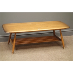  Ercol rectangular coffee table, turned supports and undertier, W105cm, H37cm, D47cm  