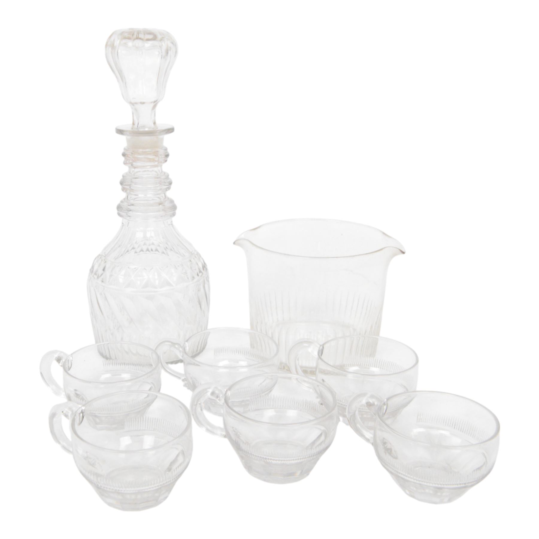 19th century and later glass, including etched tazza, jug, six punch cups, Irish decanter and two coloured glasses