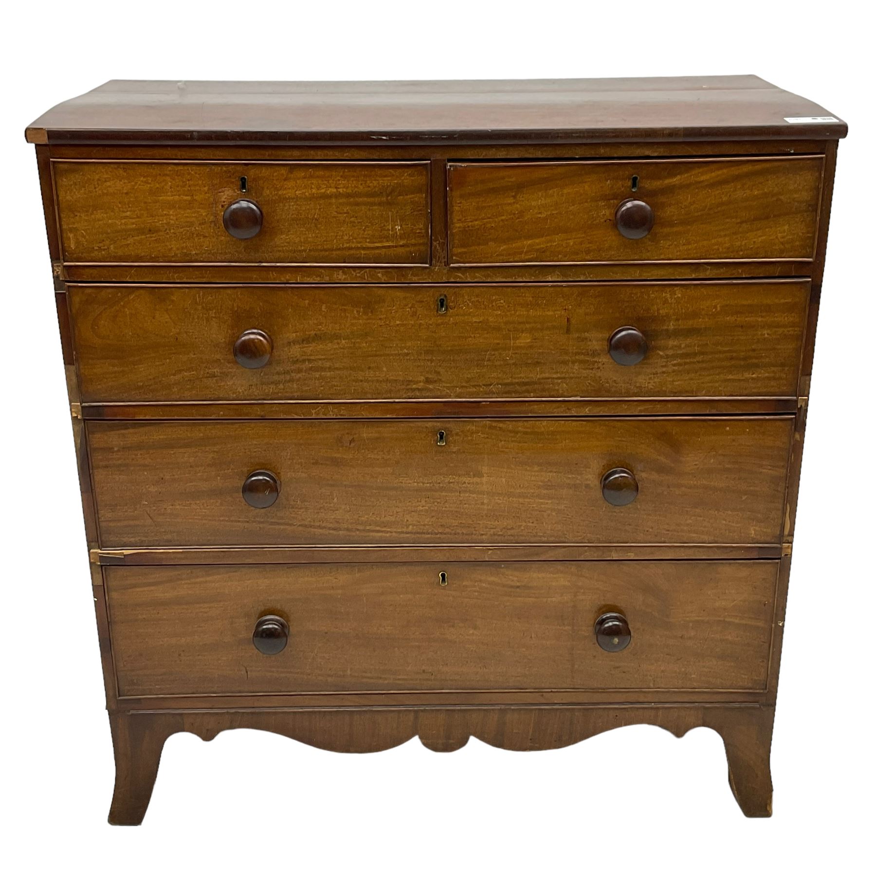 19th century mahogany straight-front chest, fitted with two short over three long cock-beaded graduating drawers, on splayed feet