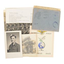 WWII Royal Air Force battle dress blouse, belonging to Flight Sargent Colin Scott 3011422, dated 1945, tailors label for M & N Horne Ltd 1945, Size No 7, blue cloth, Signaller cloth brevet, wireless officers patch to right sleeve and braid sergeant stripes to both sleeves, together with his flight log book, postings & Movements, Royal Air Force Service and Release Book, photographs etc  