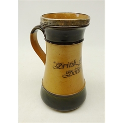  Royal Doulton salt glazed tankard detailed 'Drink Faire, Don`t Swaire 1760' with silver rim, Chester 1906, H19cm   