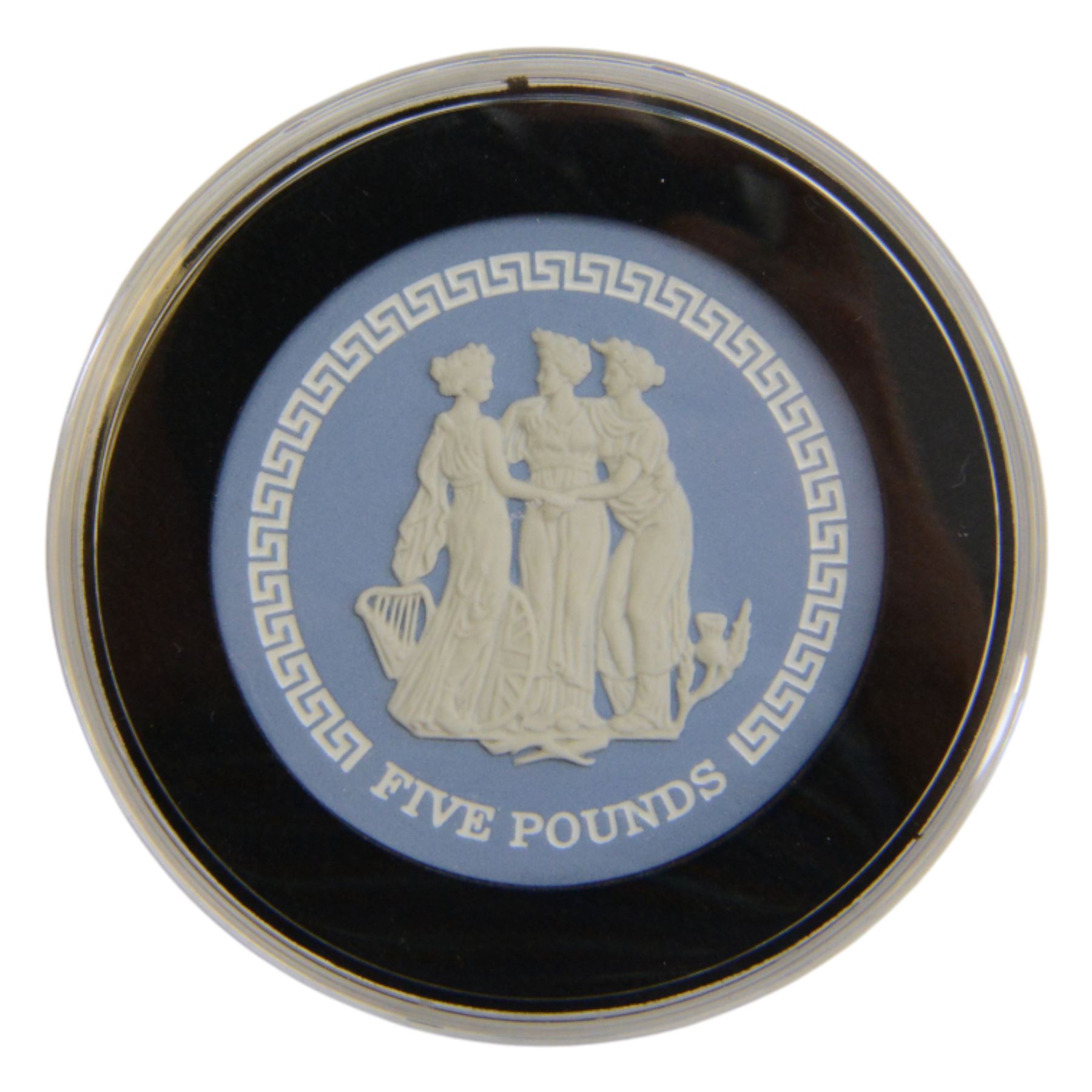 Queen Elizabeth II Tristan da Cunha 2018 Wedgwood Jasperware five pound coin, produced by Wedgwood for the Commonwealth Mint, distributed by the Bradford Exchange, cased and boxed with certificate