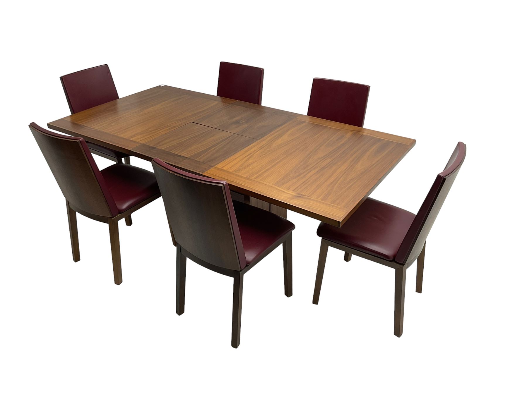Skovby - Danish mid-20th century design teak extending dining table, rectangular top on pedestal base (W146cm D99cm H92cm); Skovby - set six Danish stained beech dining chairs, back and seat upholstered in oxblood faux leather (W47cm H90cm)