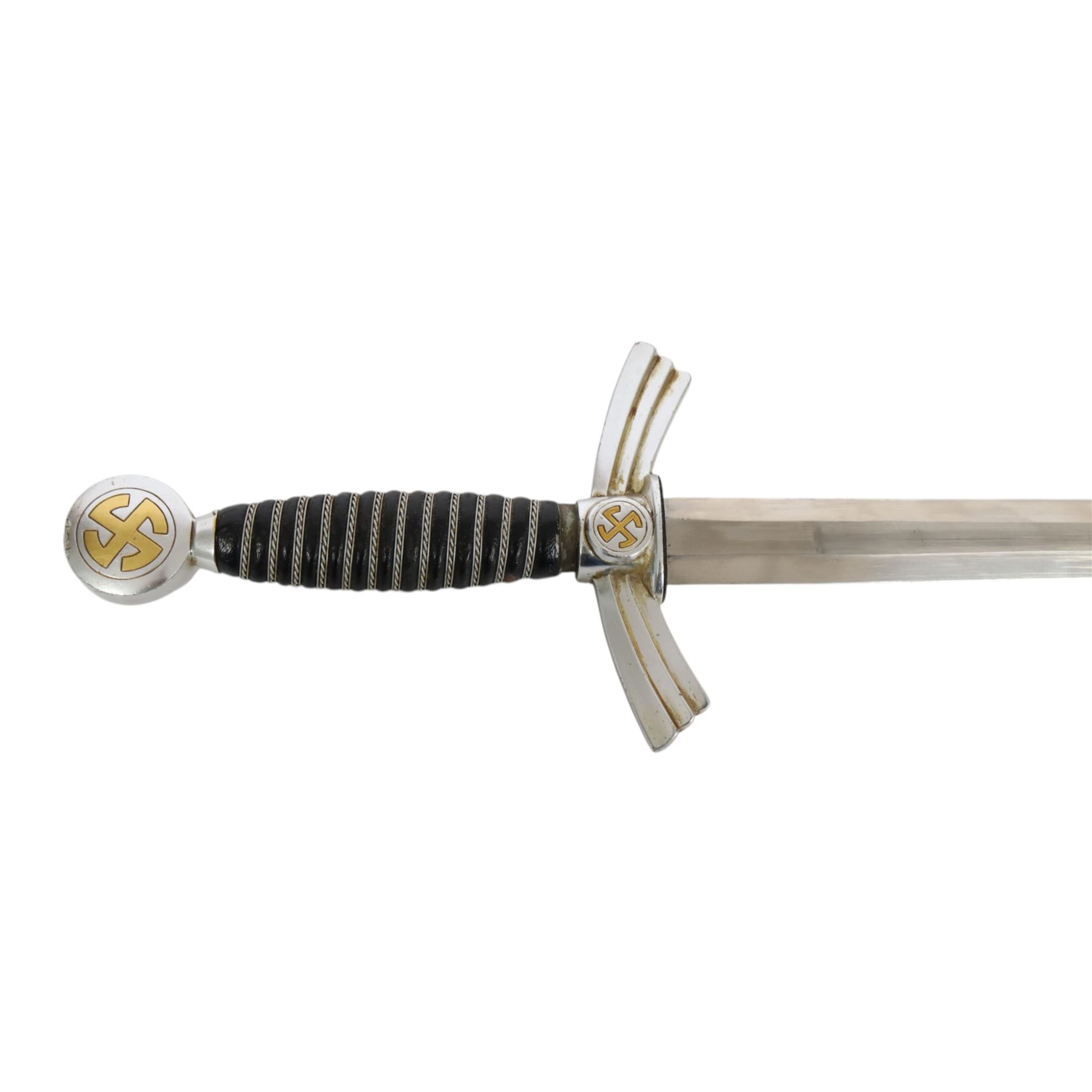 German Third Reich Luftwaffe Officers Dress Dagger by Alcoso Solingen, the 30cm double edged blade marked Alcoso Solingen, with plated down-swept quillons and pommel bearing swastika, wire-bound blue leather grip, the leather covered sheath with mounts and hanging chains, overall L50cm 