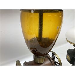 Table lamp and shade in the form of a vintage coffee grinder, together with a converted oil lamp, tallest example H94cm 