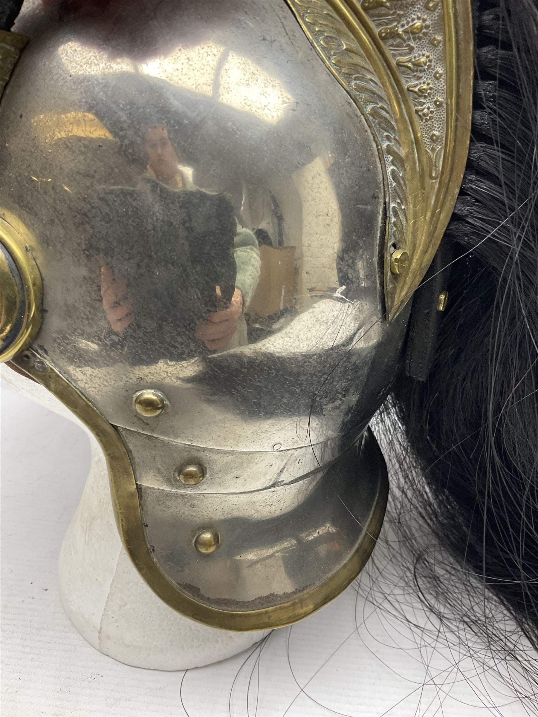 French 1874 Pattern Dragoon trooper's helmet with original liner and extra long criniere; stamped 10 DR with other numbers and Alexis Godilllo to the back of the helmet