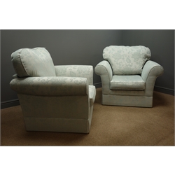  Pair 'Marks & Spencer Home' armchairs upholstered in pale blue floral design fabric, W110cm, D90cm  