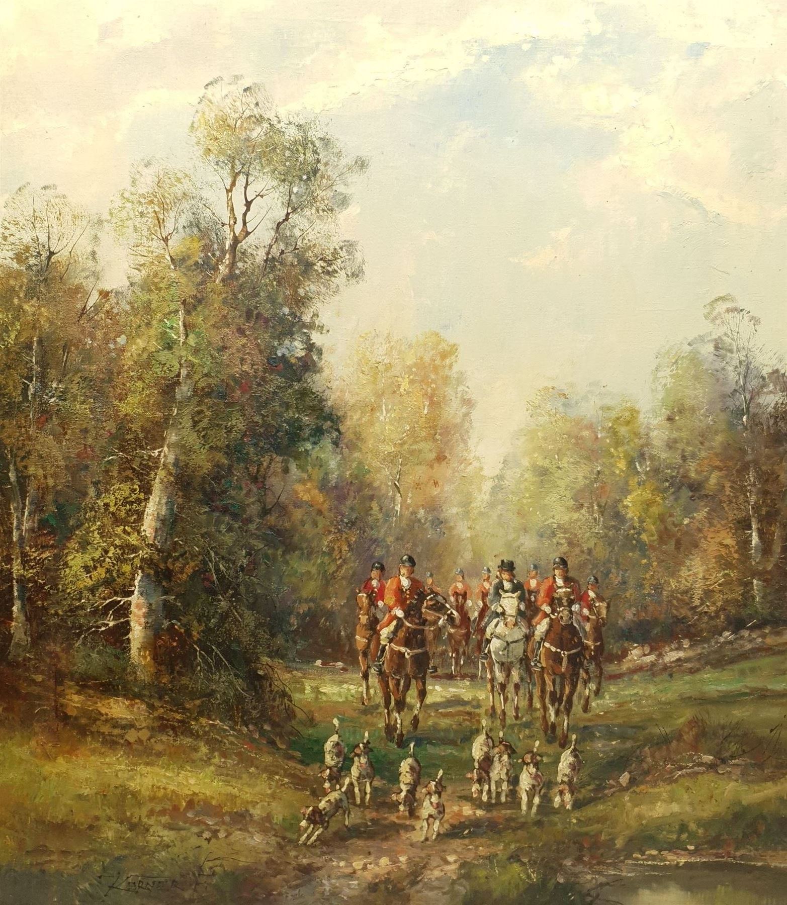 F Kerner (20th Century): The Hunt on a Forest Ride, oil on canvas signed 80cm x 70cm