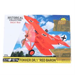 Six Cobi Bricks 1:32 and 1:35 scale Historical Collection World War II and Great War model sets, comprising no. 2996 Fokker Dr.1 'Red Baron', no. 2266 Citroen Traction 11CV BL, no. 2261 De Gaulles Horch830BL, no. 5761 Messerschmitt BF 109 G, no.5742 PZL P.11c and no. 5760 Macchi C.202 'Folgore', all boxed