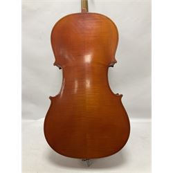 3/4 size cello with soft case, 69cm back length, 114cm full length, with bridge, ebonised tail piece and fingerboard.
