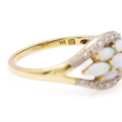 9ct gold opal and diamond cluster ring, seven marquise cut opals, surrounded by diamond chips, in a pierced design setting, Birmingham 2004