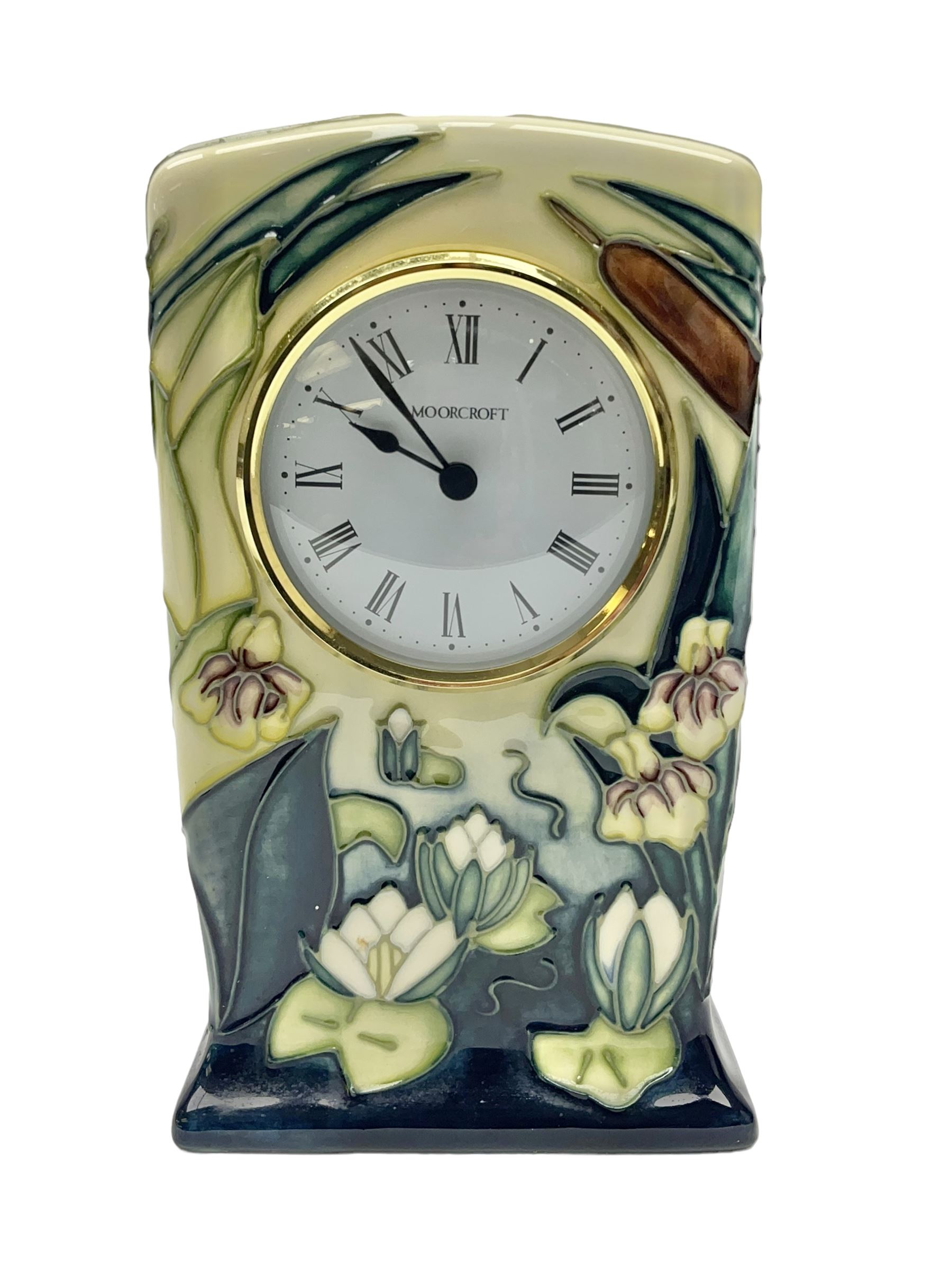 Moorcroft mantel clock, decorated in Bulrush and Water Lily pattern, with impressed and printed marks beneath, H15.5cm