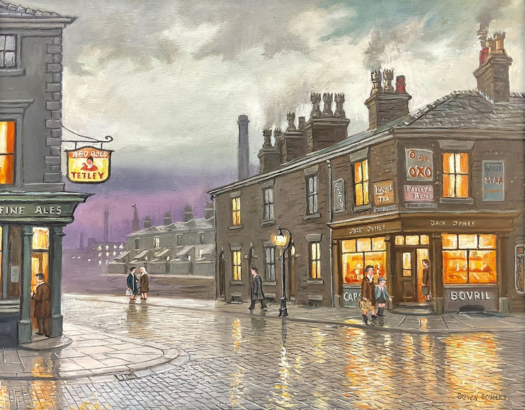 Steven Scholes (Northern British 1952-): 'The Corner Shop - Manchester 1962', oil on canvas signed, titled verso 40cm x 50cm